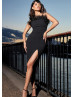 Strapless Black Feather Jersey Midi Party Dress